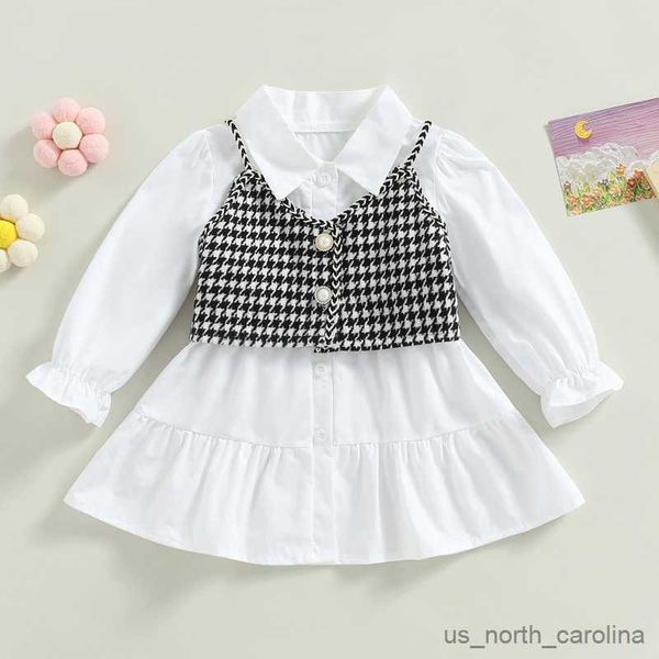 

girl's dresses kid girl 2pcs spring autumn outfits long sleeve solid color lapel shirt dress houndstooth cami children clothing set r2, Red;yellow
