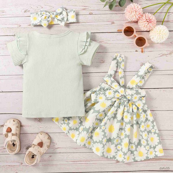 

clothing sets summer baby girls 3pcs clothing suit ribbed solid t-shirt flowers suspender skirt bow headband clothes set 0-4y r230815, White