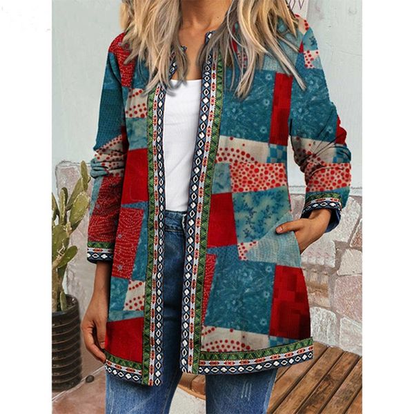 

wish autumn and winter women's retro national style print loose long-sleeved cardigan coat women, Black