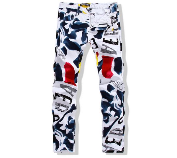 

wholebig size 2844 white printed men jeans fashion male unique cotton jeans for man men039s casual debris printing pants 3775347, Blue