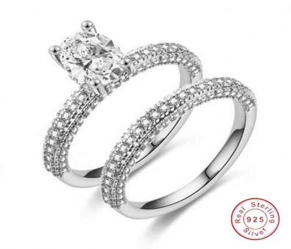 

couple rings 2pcs stunning deluxe jewelry 925 sterling silver oval cut white z pave cz diamond party women wedding bridal ring9070599, Slivery;golden