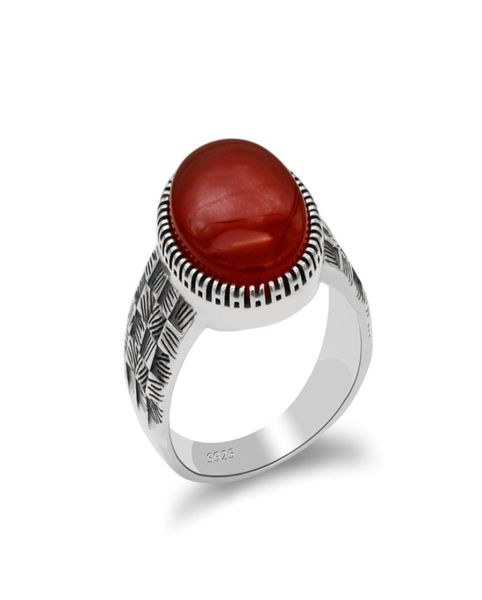 

turkey jewelry 925 sterling silver big natural redblack agate stone ring for men thai silver style finger ring male women1830513, Golden;silver