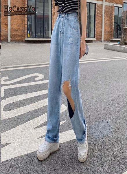 

women hole ripped jeans 2020 summer highwaisted straight jeans pants womens casual light blue vintage wideleg pants trousers9028619993755