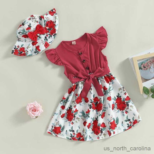 

girl's dresses 2pcs summer baby girls beach princess dress cute bow flowers sleeveless kid dresses+sunhat children clothing set r230815, Red;yellow