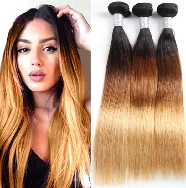

straight weaves brazilian virgin hair bundles ombre 1b 4 27 blond color blonde indian remy weave9497220, Black
