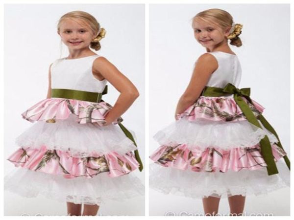 

cute beautiful white satin flower girls dresses with pink camo real tree tiered skirt kids formal wedding party gowns ribbon camou8382537, White;blue