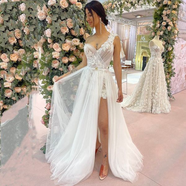 

zj9330 one shoulder lace boho wedding dresses pleated 2 pieces overskirt tulle bridal gowns princess custom made 2023, White