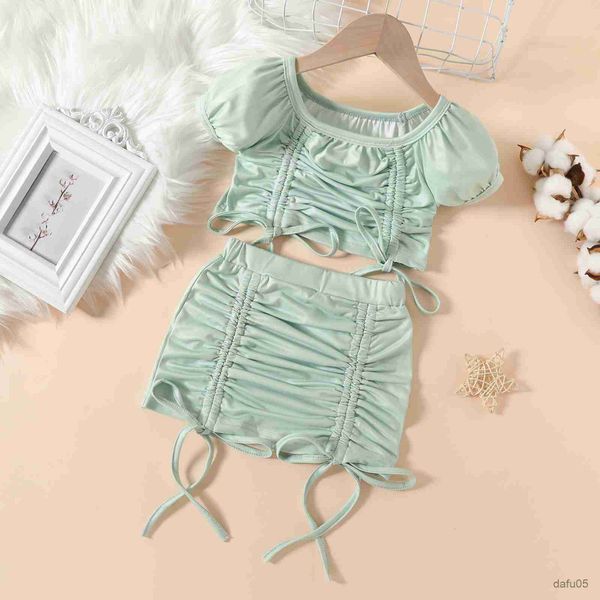 

clothing sets little baby girl two-piece outfits solid tie-up straps pleated clothes suit short puff sleeve crop elastic waist skirt 1-5t r, White