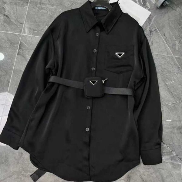 

sashes blouse for womens designers triangle letter shirts quality chiffon women's blouses coat with waist em83, Black