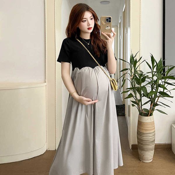 

french style pregnant women elegant dress plus size short sleeve o-neck high waist maternity a-line dress long loose clothes, White