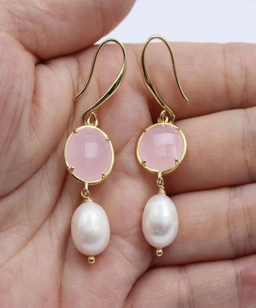 

guaiguai jewelry natural pink glass crystal white rice pearl gold plated hook earrings handmade for girls6543641, Silver