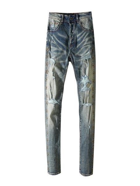 

mens jeans decorated with diamonds cut holes washed to make old pants which are slim in europe and america3586079, Blue