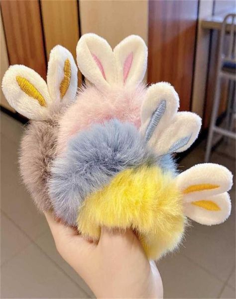 

colorful hair accessories plush rabbits ears hair band scrunchies girls ponytail holder tie easter bunny ear hair ring stretchy el7913139, Slivery;white
