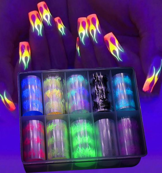 

10 rollbox luminous fire flame foil set nail art transfer sticker decal yellow blue slider starry papers decoration7078233, Black