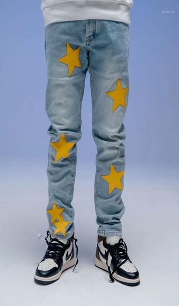 

men039s jeans american street applique leather yellow star 2021 style washed pants1611513, Blue