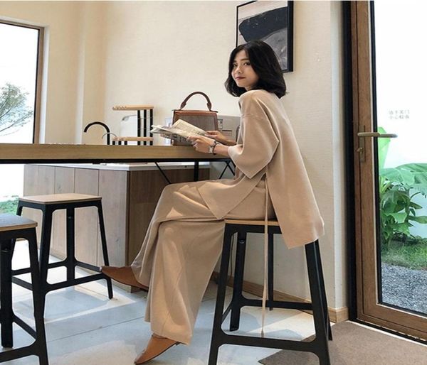 

new knitting female sweater pantsuit for women two piece set knitted pullover vneck long sleeve bandage wide leg pants suit6394940, White;black