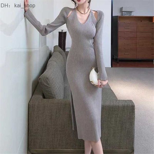 

2023 autumn/winter new french design long sleeve hanging neck bottom skirt elastic knit sweater wrap hip dress1, Black;gray