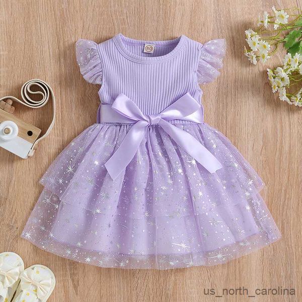 

girl's dresses kids girls dresses sequins stars crew neck fly sleeve rib knit princess dress summer casual dress with bow belt r230815, Red;yellow