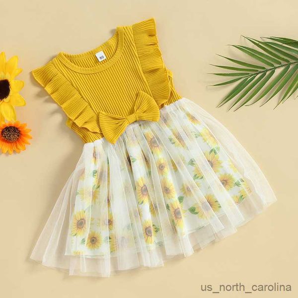 

girl's dresses kids girls dress ribbed sunflower print tulle splicing crew neck ruffles sleeveless dress summer princess dress r230815, Red;yellow