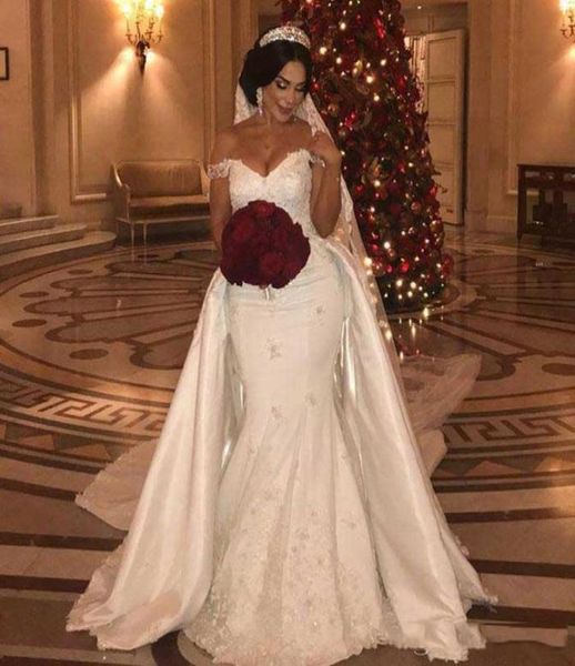 

elegant beaded lace wedding dresses with detachable train off shoulder mermaid bridal gowns applique ivory satin wedding dress1754632, White