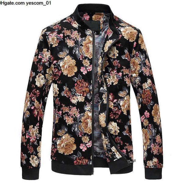 

men flower jacket fashion casual designer jackets and coats zipper standing collar print streewear, Black;brown