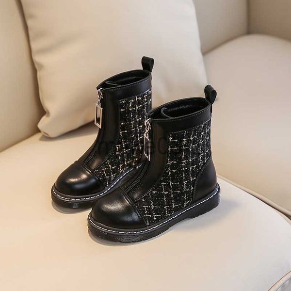 

boots girls' 2022 new autumn and winter front zipper design british style genuine leather children' check short boots j230816, Black;grey