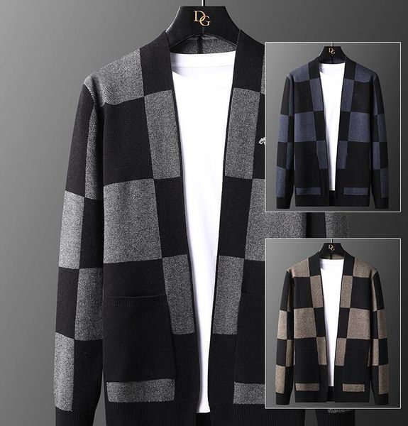 

men's luxurious sweaters grade autum winter designer knit cardigans v-neck sweater men casual checkered bee coats jacket clothes, White;black