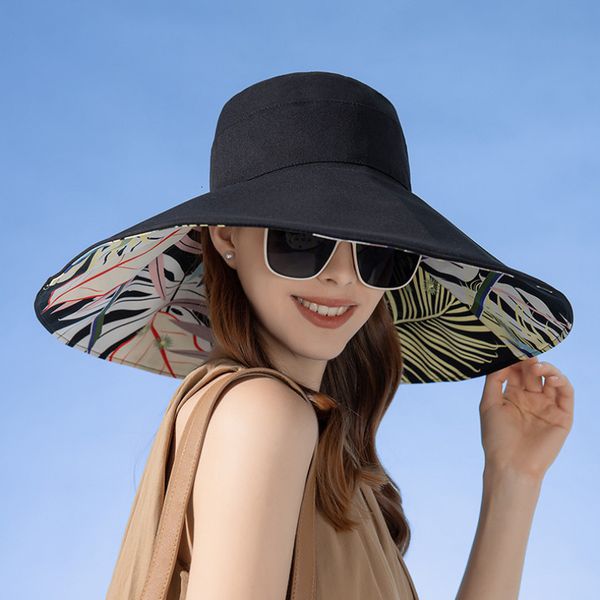 

wide brim hats bucket hats two sides summer women bucket hat 18cm large brim plant printing cotton sun hat light breathable outdoor travel b, Blue;gray