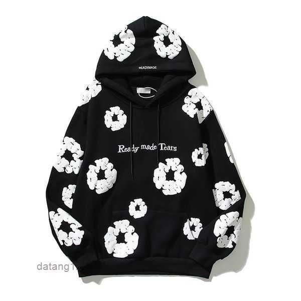 

men's hoodies winter readymade foam flower co branded denim tears women puff printed distressed pullover cap embroidery white kapok tid, Black