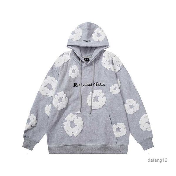 

men's hoodies winter readymade foam flower co branded denim tears women puff printed distressed pullover cap embroidery white kapok tid, Black