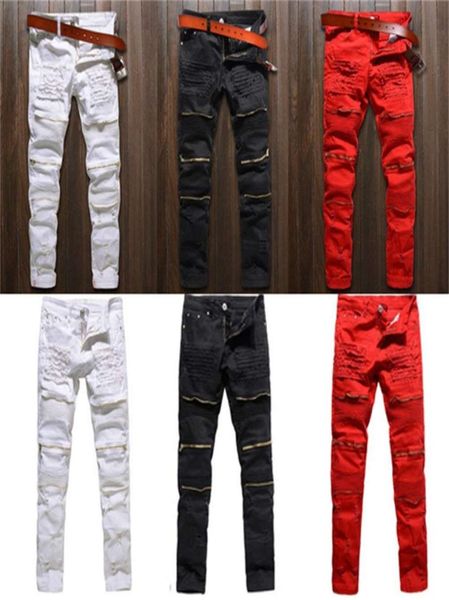 

men skinny stretch denim pants distressed freyed slim fit destroyed ripped black white red jeans1252879, Blue