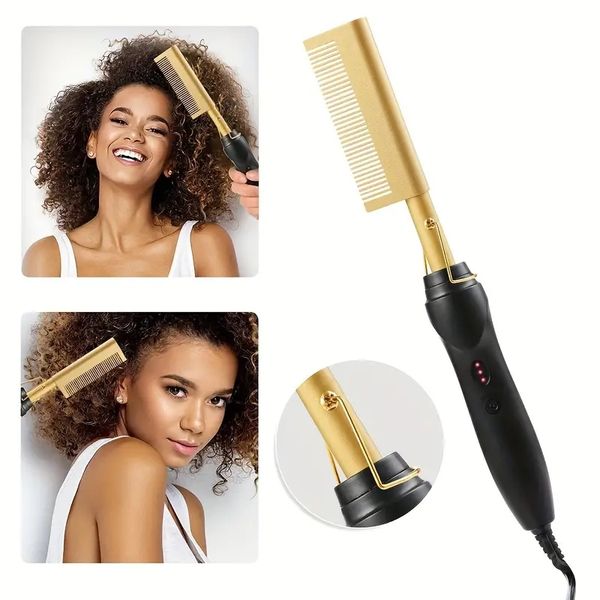 

2-in-1 electric comb, 450 f high heat hair straightener comb, ceramic pressing comb with anti-scald case, dual voltage and 60 min auto shut-, Black