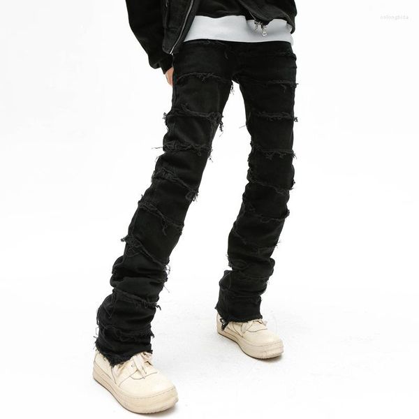 

men's stacked jeans mens retro patchwork flared pants grunge wild stacked ripped long trousers straight y2k baggy washed faded for men, Blue
