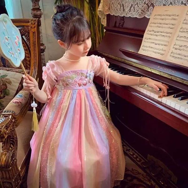 

girl's dresses 2023 new girls' fashionable chinese style embroidery colorful letter silk chiffon dress r230816, Red;yellow