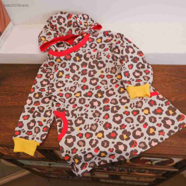 

designer baby dress fashion leopard print all over kids skirt size 90-130 cm long sleeved hooded girl dress july26, Red;yellow
