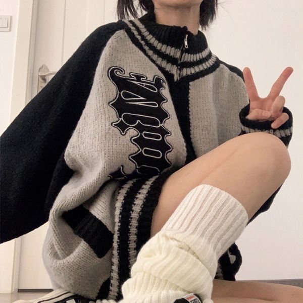 

women's sweaters deeptown streetwear y2k zip sweater cardigan women retro grey striped patchwork oversize letter jumper korean style kn, White;black