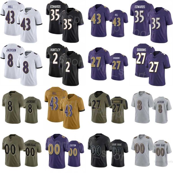 

custom football 43 justice hill jerseys 2 tyler huntley 13 devin duvernay 4 zay flowers 8 lamar jackson 27 jk dobbins 35 gus edwards turn ba, Black;red