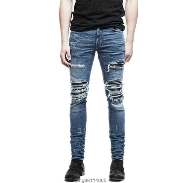 

mens skinny jeans distressed ripped biker slim fit motorcycle denim for men s fashion mans black pantsunet, Blue