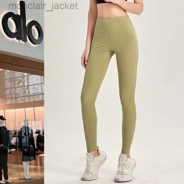 

desginer alos yoga legging high waist nude pants women's sports tight pants burn hole quick dry fitness fat burning training pants, Black