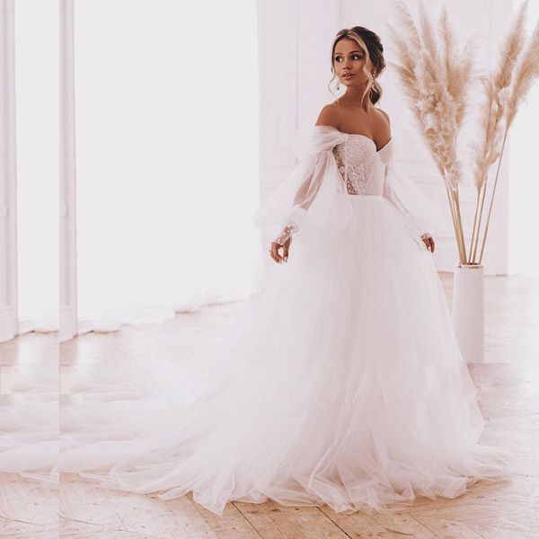 

off shoulder beach wedding dress with remove puff sleeves summer tulle bridal gown boho wedding dresses for bride, White