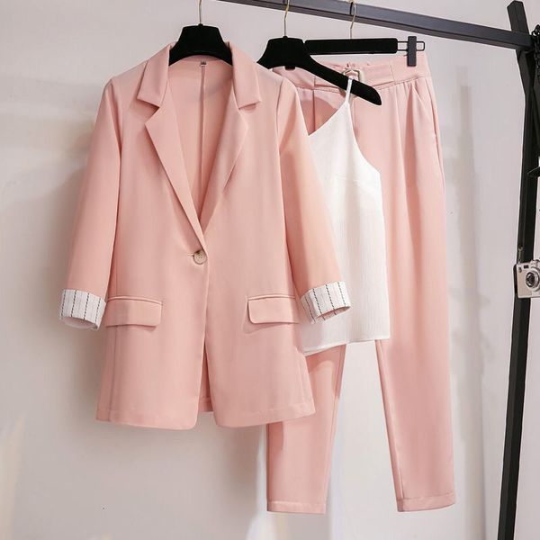 

women's two piece pants women's spring summer thin blazer pants 3 pcs set korean office lady work graceful suit coat trousers vest, White