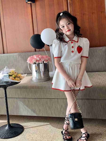 

clothing sets 5-13y children sets girls summer turn-down collar short sleeve shirt+shorts 2pcs suits loose elastic waist kids r230816, White