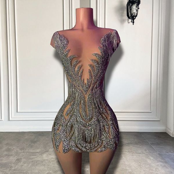 

luxury short mini prom dresses see through silver beaded crystals african black girls 2023 for birthday party robe de soiree vestidos fieast