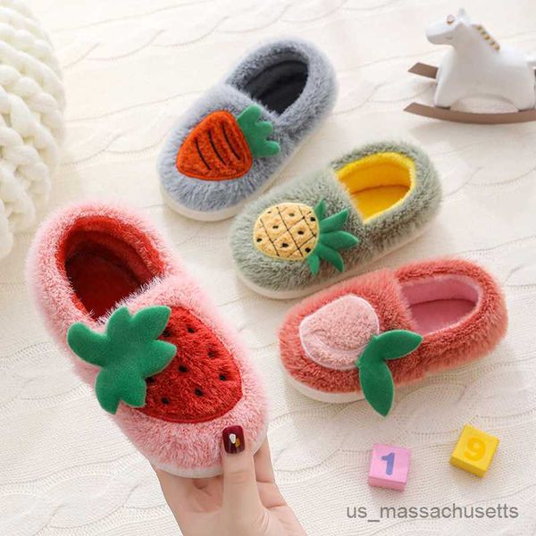 

slipper winter kids warm plush wrap around the heel home slippers cute boys girls fruit cotton slippers anti-slip soft comfortable shoes r23, Black;grey