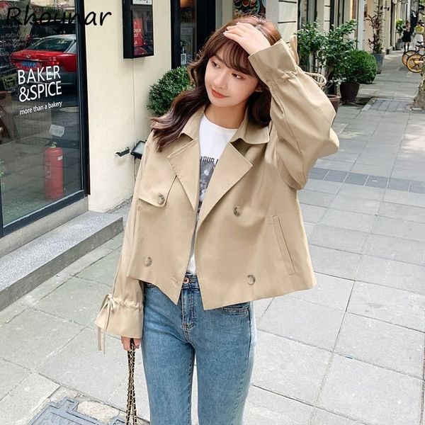 

women's trench coats cropped trench women coats elegant baggy temper s-3xl vintage notched double breasted windproof long sleeve spring, Tan;black