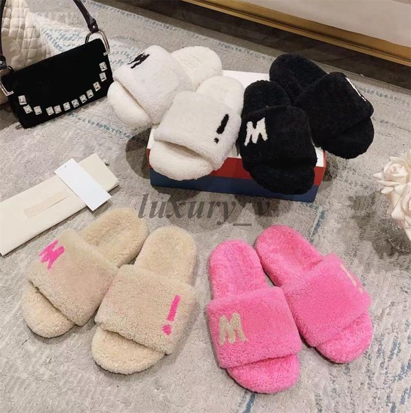 

designer fur slippers fussbett furry slides head wrapper clogs women polar fleece wool sabot slip on loafers letter plush flip flop, Black