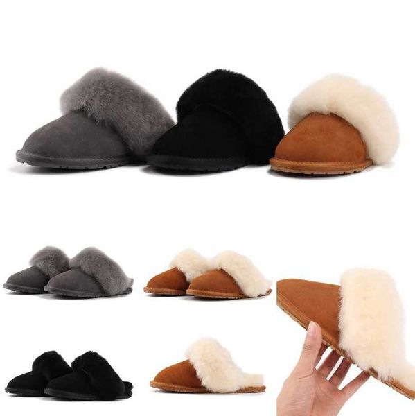 

3pair/ups quick dfelivery scuff sis slides women suede fur slippers shearling plush men sandal australia slip on mule wool booties charcoal, Black