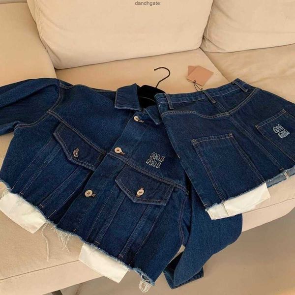 

denim jacket designer short women jackets spring summer casual shirt embroidered letters show thin high waist skirt two-piece temperament co, Black;brown