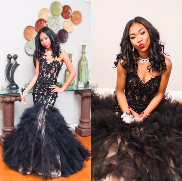 

2017 black mermaid prom dresses sweetheart appliques lace tulle floor length corset lace up graduation dresses party dresse6452806