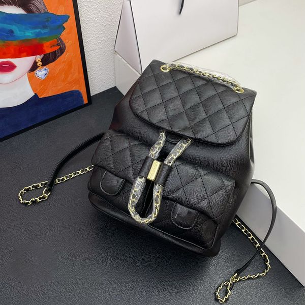 

designer women backpack 7a leather gold chain shoulder strap clamshell school bag backpack classic double shoulder bag with caviar cowhide o